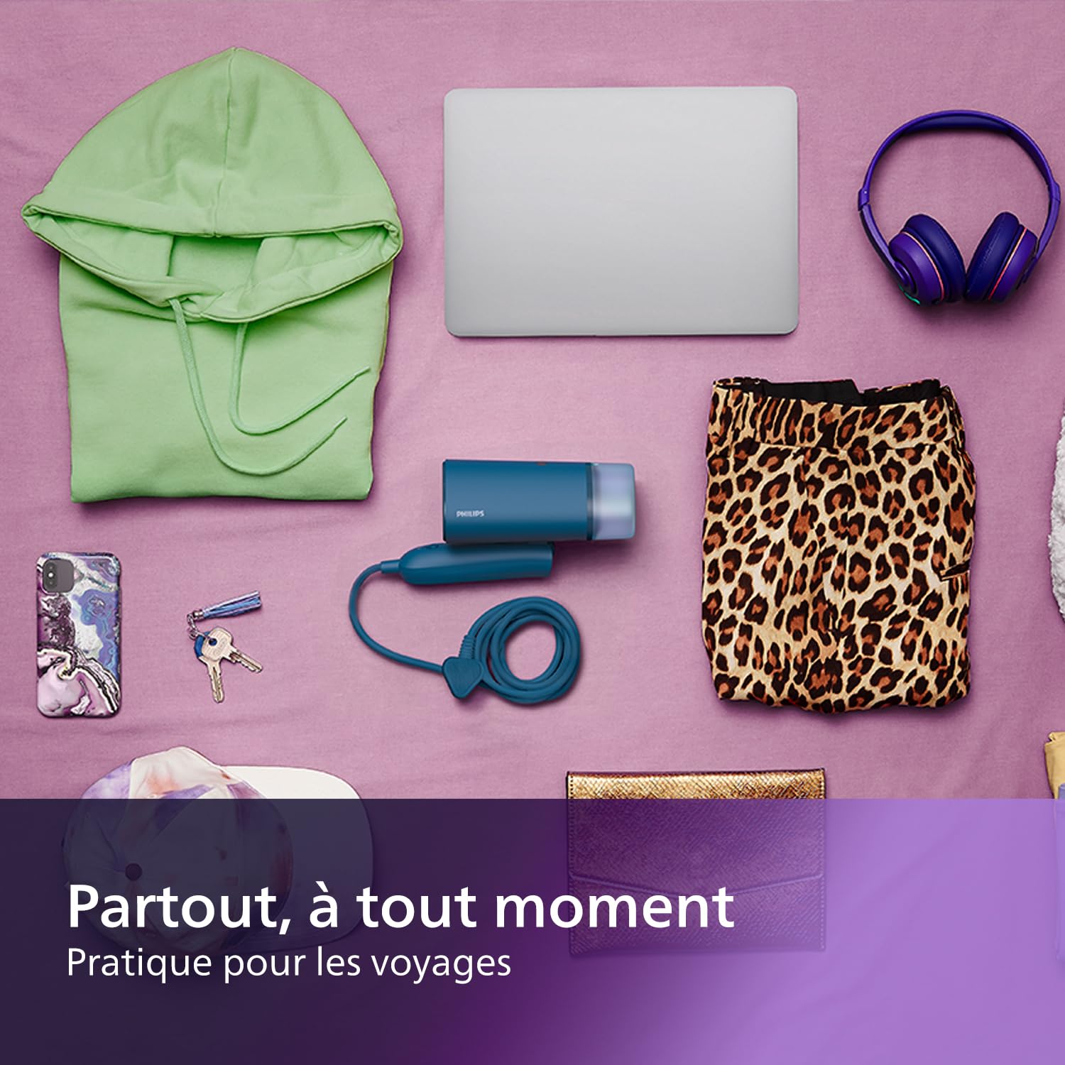 Lisse & go 3000 Series Garment Steamer - 1000W, 20 g/min Steam, Removable Water Tank 100 ml, Plastic Plate, Blue (STH3000/20)